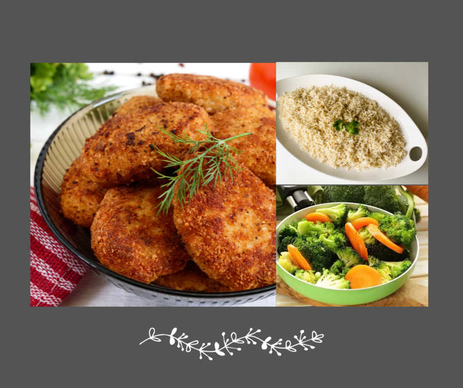 Croquettes de poulet maison, riz & légumes du moment