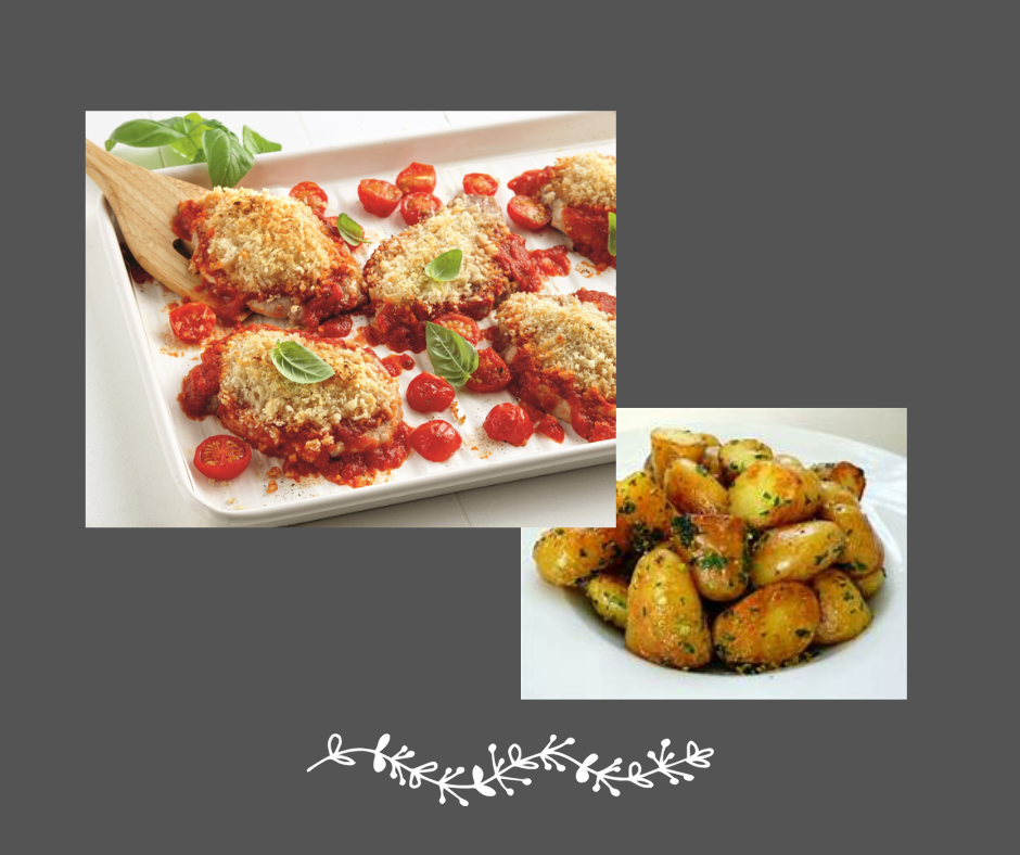 Escalope de porc parmigiana, pommes de terre rissolées