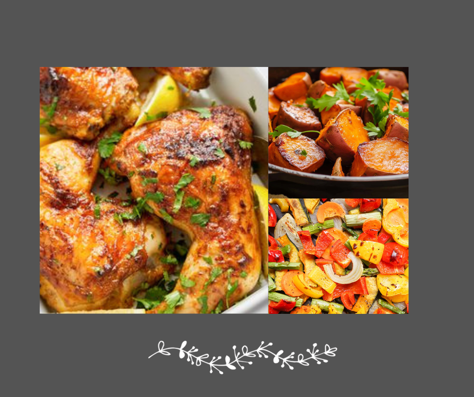 Poulet entier braisé à l'ail noir patate douce & légumes rôtis