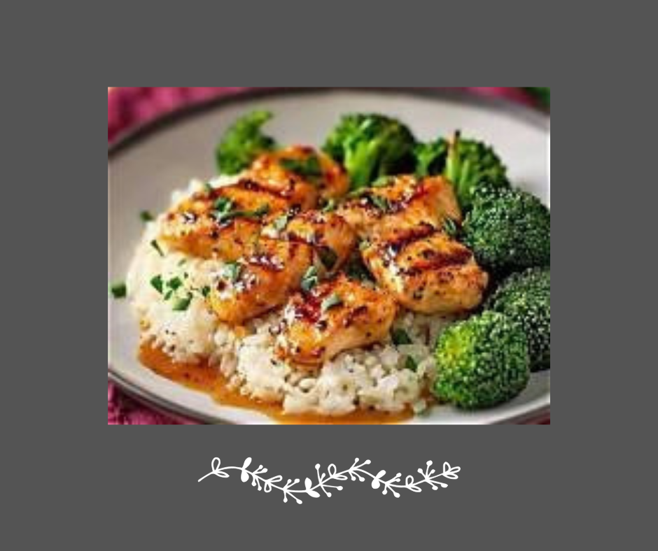 Poulet miel & ail, riz frit au brocoli et sésame