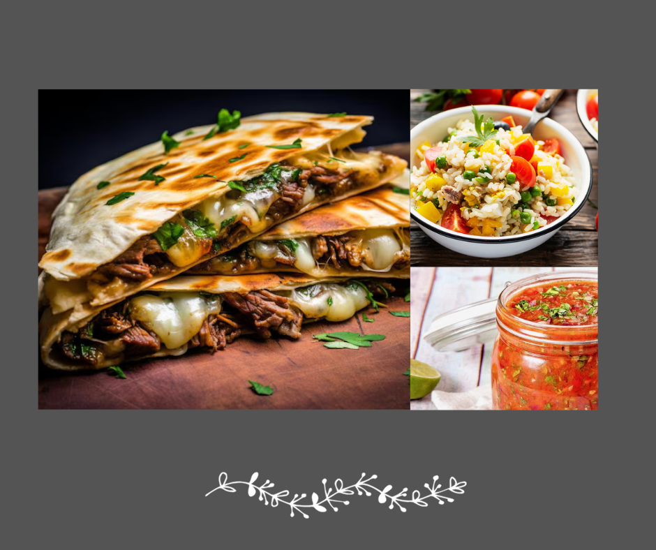 Quesadillas de bœuf braisé Salade de riz & salsa maison