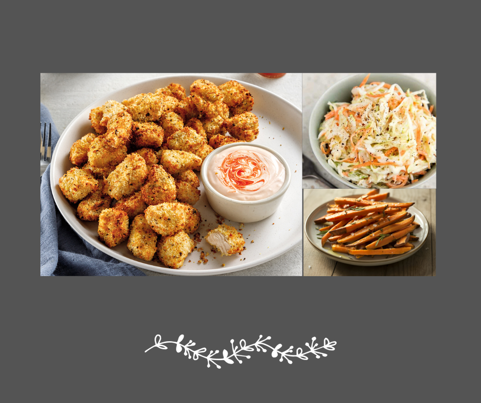 Poulet popcorn, frites de patates douces et salade de chou