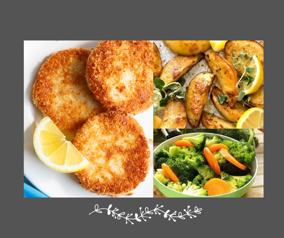 Croquettes de pangasius, pommes de terre grecques et légumes trois couleurs