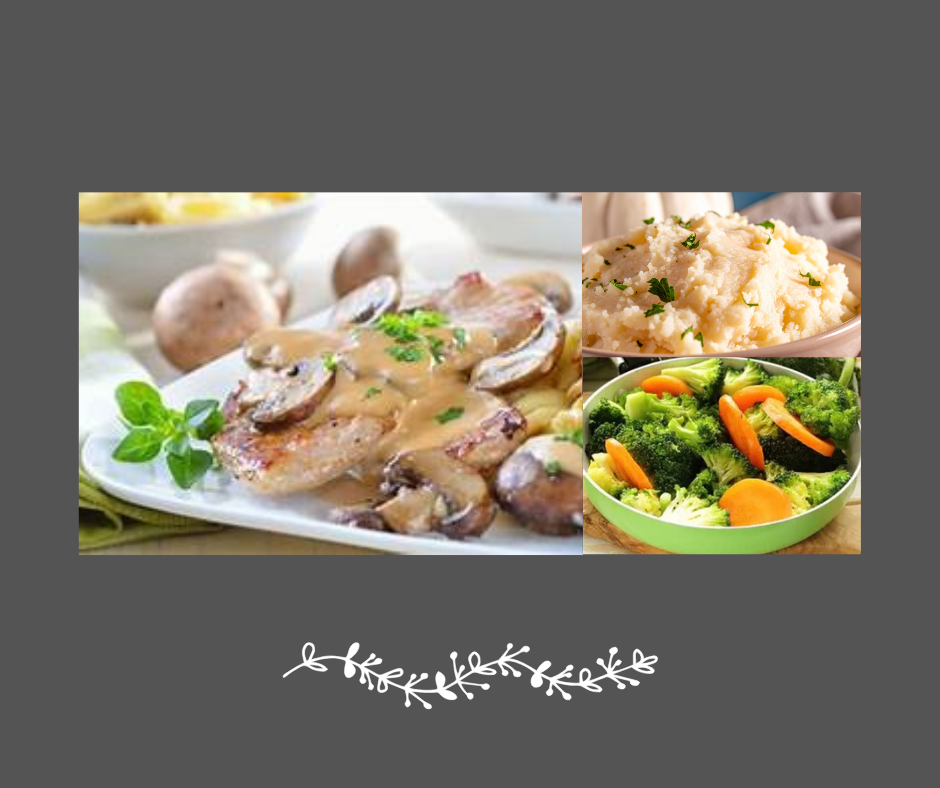 Escalope de porc à la dijonnaise et champignons, purée de pommes de terre