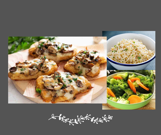 Escalope de poulet sauce crémeuse aux champignons, riz jasmin et légumes du moment