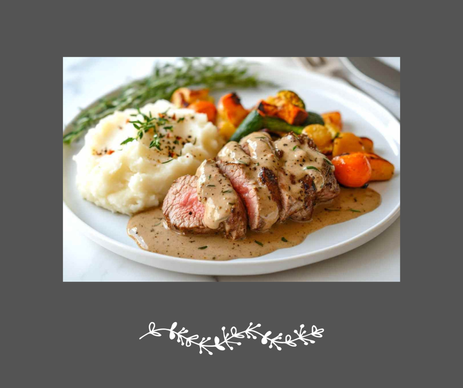 Filet de porc, sauce pommes & érable, purée de pommes de terre et légumes rôtis