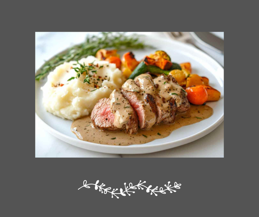 Filet de porc, sauce pommes & érable, purée de pommes de terre et légumes rôtis