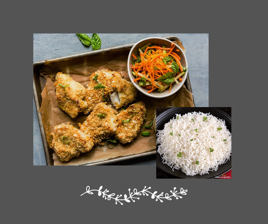 Filet de pangasius pané, riz sauvage et légumes du moment