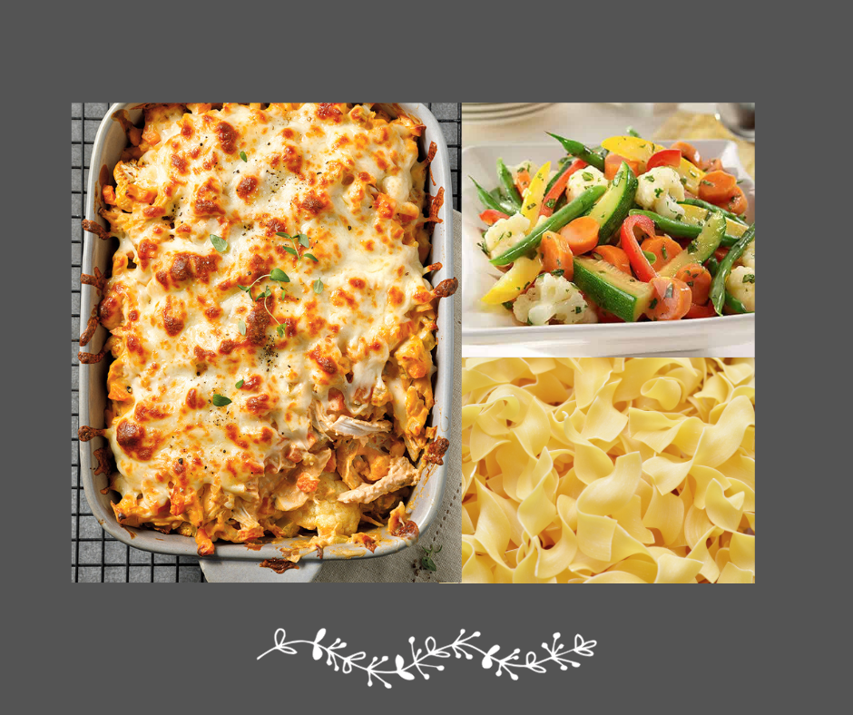 Gratin forestier au porc sur nouilles aux œufs et légumes du moment