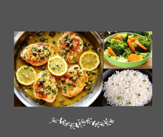 Poulet piccata au citron, riz et légumes du moment