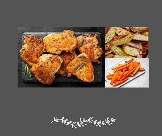 Haut de cuisse de poulet miel & Dijon pomme, quartiers de pommes de terre et de carottes au miel.