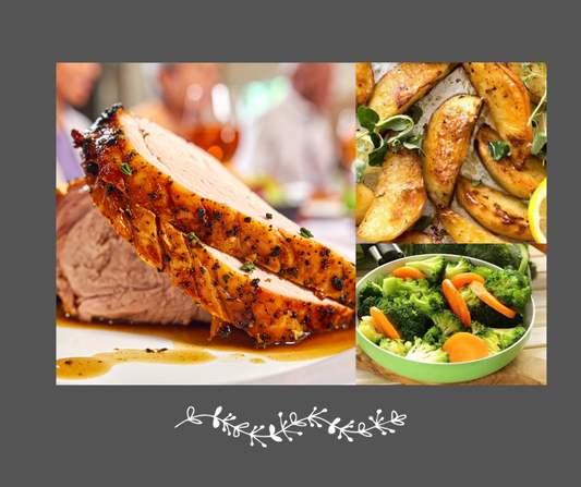 Longe de porc à la grecque  Quartiers de pommes de terre assaisonnées & légumes du moment