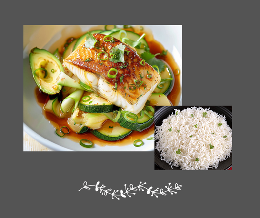 Morue au gingembre & courgettes servi sur riz