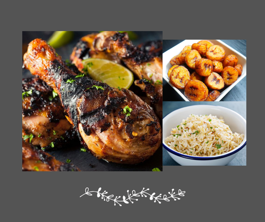 Pilon de poulet à la jerk, banane plantain et riz jamaïcain
