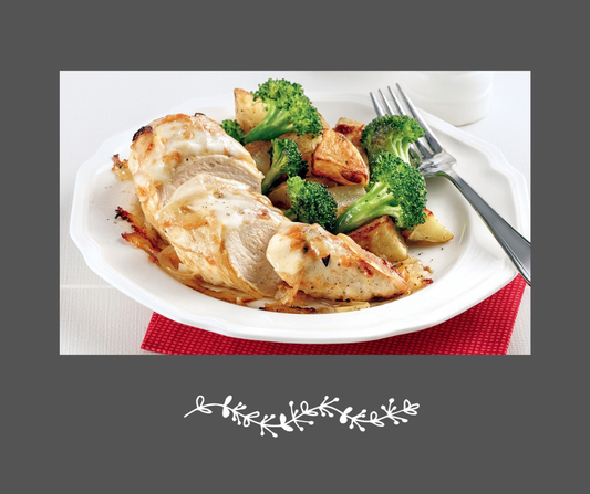 Poulet façon soupe à l’oignon, purée de pommes de terre et légumes