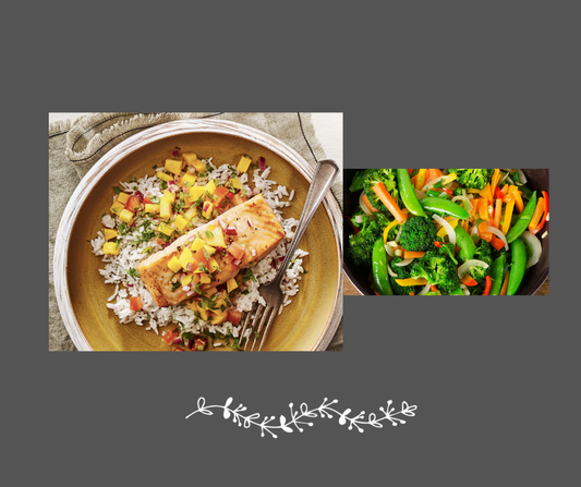 Filet de truite à la mangue sur riz et légumes du moment