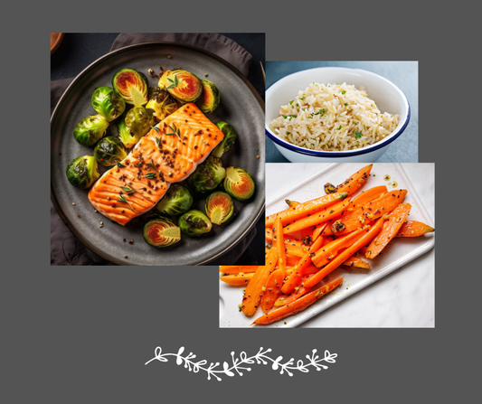 Saumon farci aux épinards et feta, riz sauvage, bruxelles et carottes au miel.