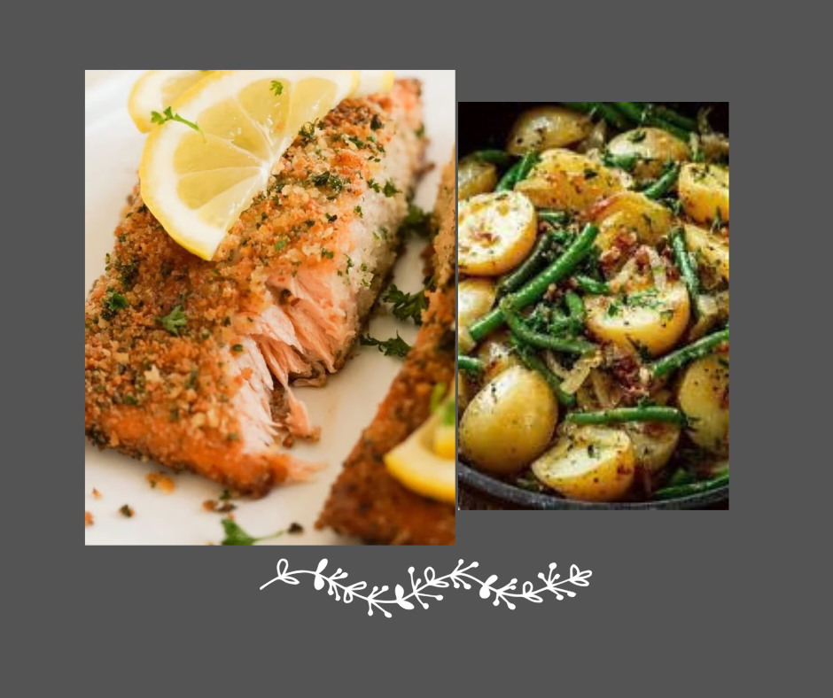Saumon en croûte de panko aux fines herbes, pommes de terre rôties et haricots verts