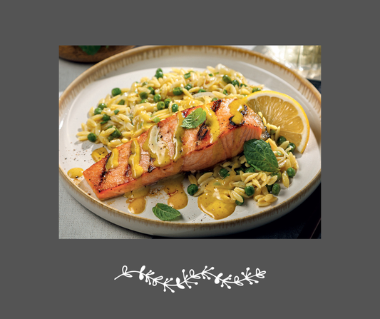 Saumon grillé, orzo crémeux aux pois verts