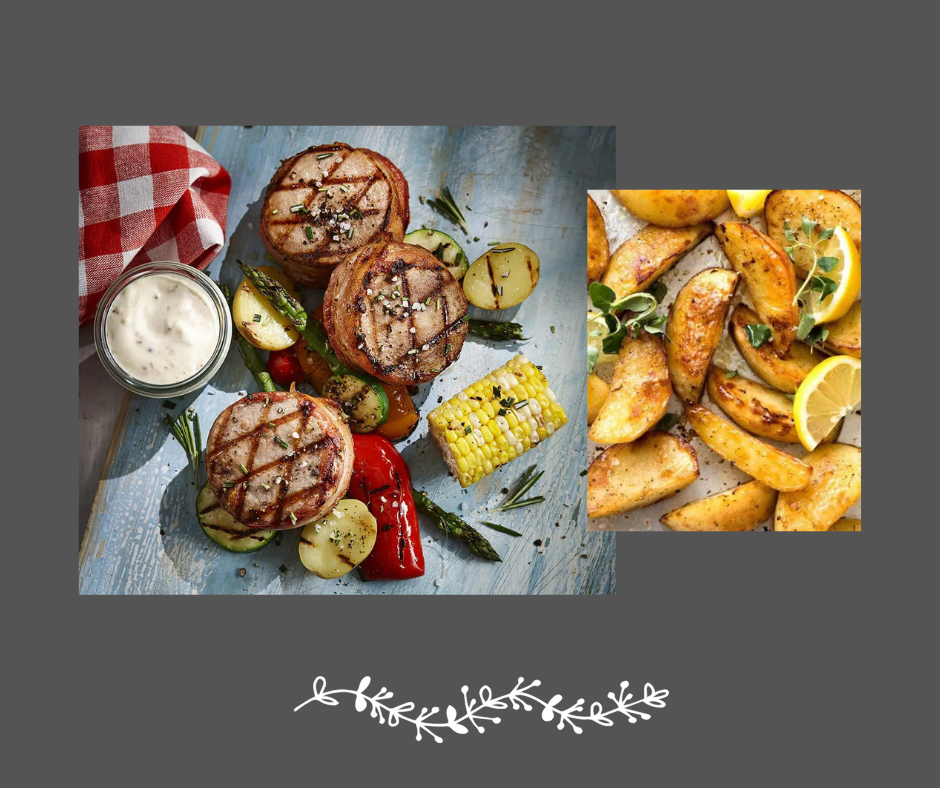 Tournedos de porc bardé de bacon, pommes de terre grecques et légumes grillés