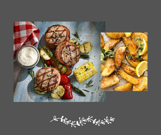 Tournedos de porc bardé de bacon, pommes de terre grecques et légumes grillés