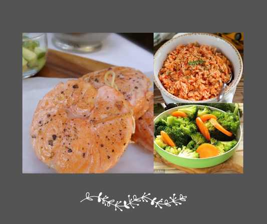 Tournedos de saumon,  Riz aux tomates & légumes du moment