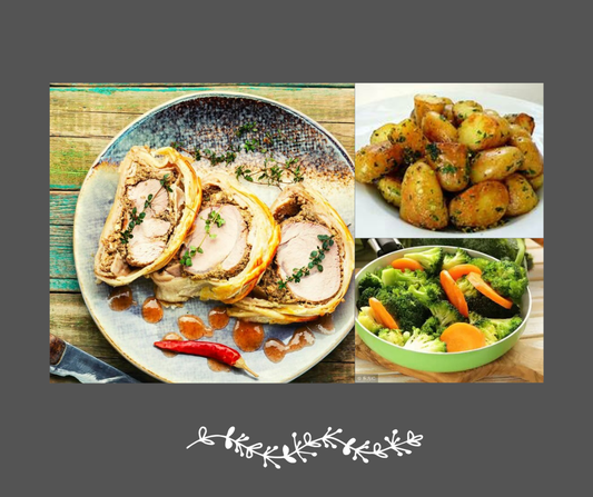 Porc Wellington aux champignons et prosciutto, pommes de terre rissolées et légumes du moment